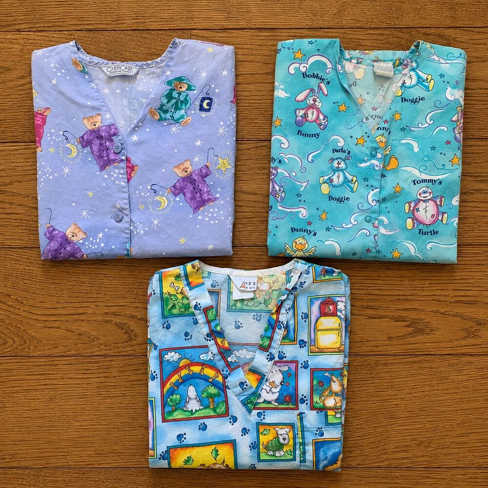 3pc Vintage Women's Pediatric Nursing Scrub Tops 2 XL Bears Puppy Dogs Rabbits